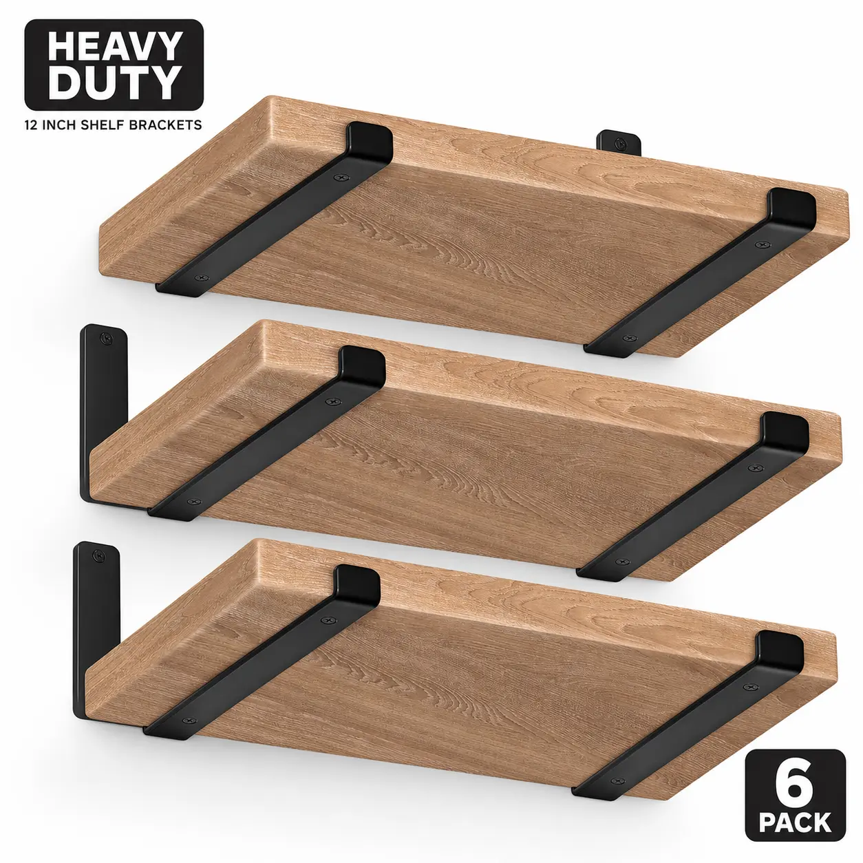 12 Inch Floating Shelf Brackets, 1/5 Inch Thick Heavy Duty Black Brackets, 6-Pack, 11.25 x 6 x 1.5 Inch DIY Shelf Supports for Kitchen, Bathroom, Garage and Living Room Storage Org