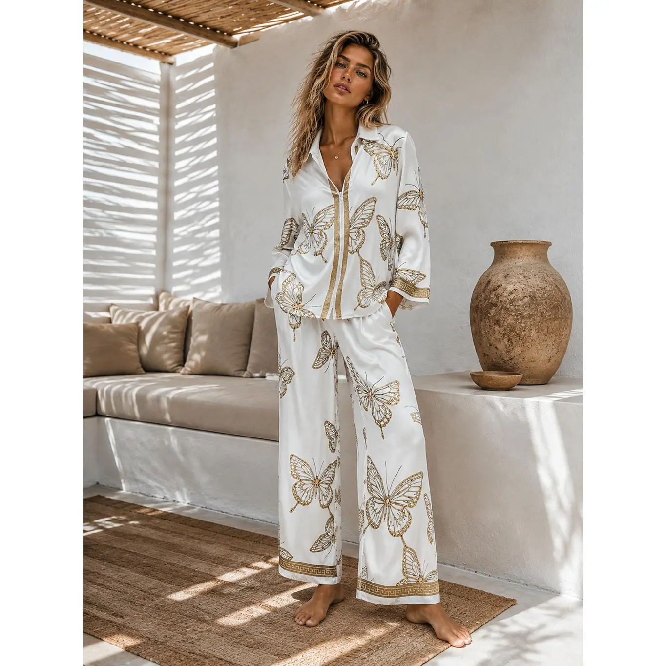 Women’s Gold Butterfly Print Satin Pajama Set, Long Sleeve Zip Front Top & Wide Leg Pants, Luxury Loungewear, Soft Sleepwear, Elegant 2 Piece Outfit, Dressy Matching Tracksuit, Wear Outside Streetwear, Vacation Resort Outfit, Casual Daily Going Out Sets