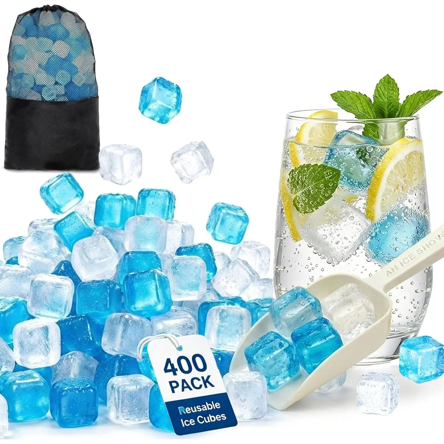 400 Pack Reusable Ice Cubes for Drinks with Ice Scoop, BPA-Free Plastic Ice Cubes for Coolers, Whiskey, Parties, Bars, Ice Baths & Camping(Blue & Transparent)