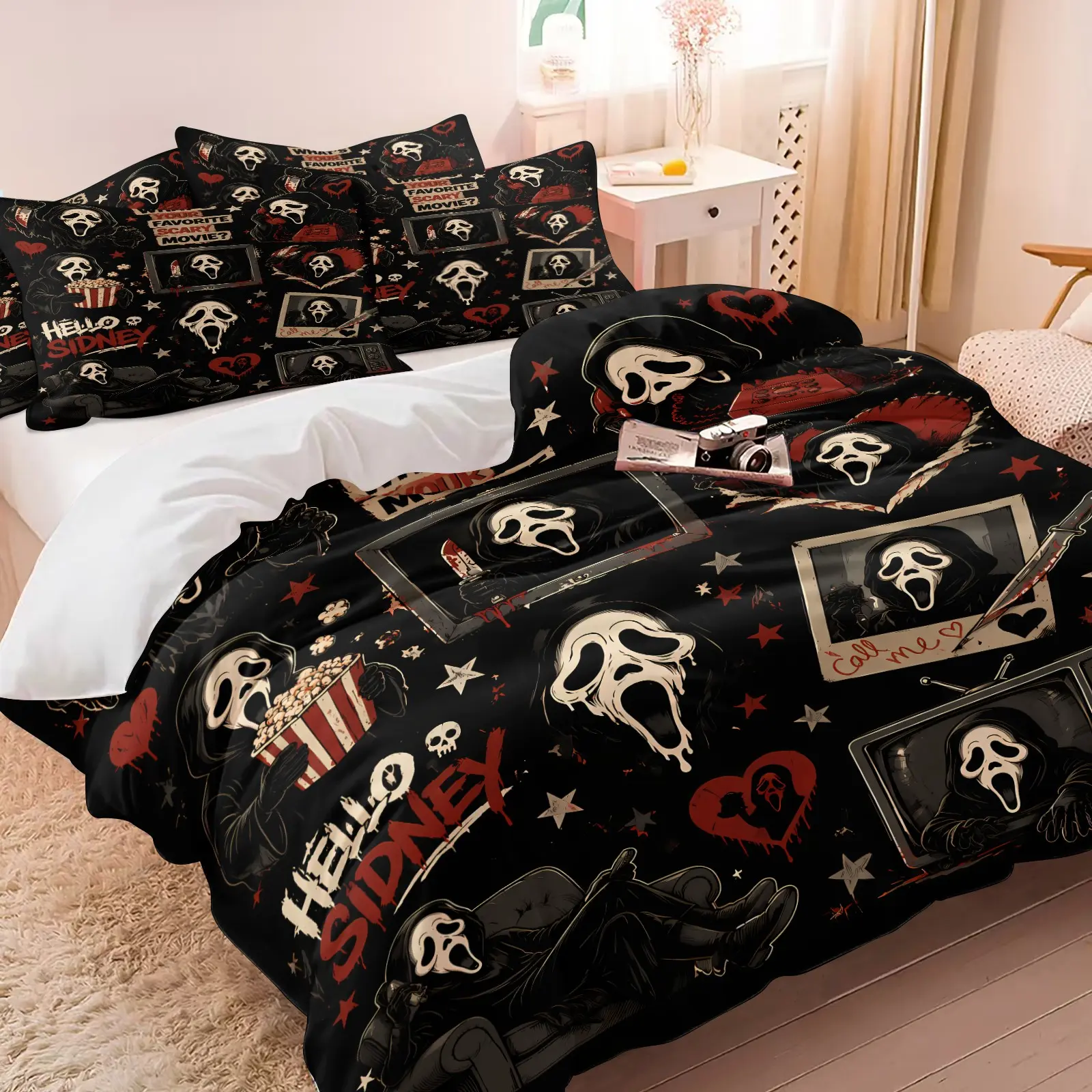 GGhost-FFace Scream Duvet Cover Set (1 Duvet Cover + 1-2 Pillowcases), Soft Breathable Durable Microfiber Bedding, HD Printed Vintage Horror Collage Print, Spooky Gothic Halloween Bedroom Decor for Teen Horror Fans