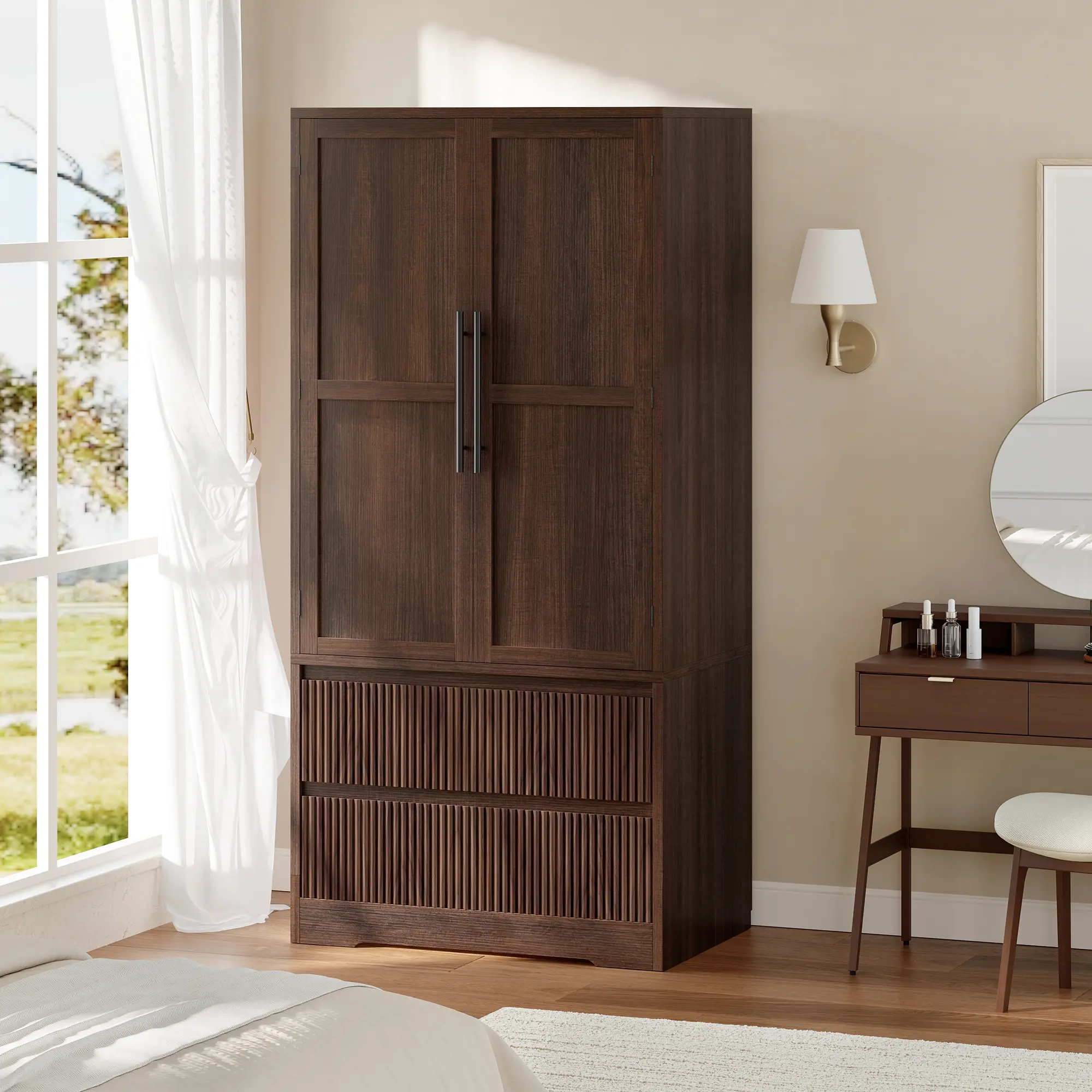 Freestanding Entryway Wardrobe Cabinet – Natural Wood Armoire with Glass/Wood Doors, 2 Fluted Drawers, Shelves, Hanging Rod, Large Tall Storage for Clothes – Organizer for Bedroom & Hallway,Walnut/Oak(2 Boxes)