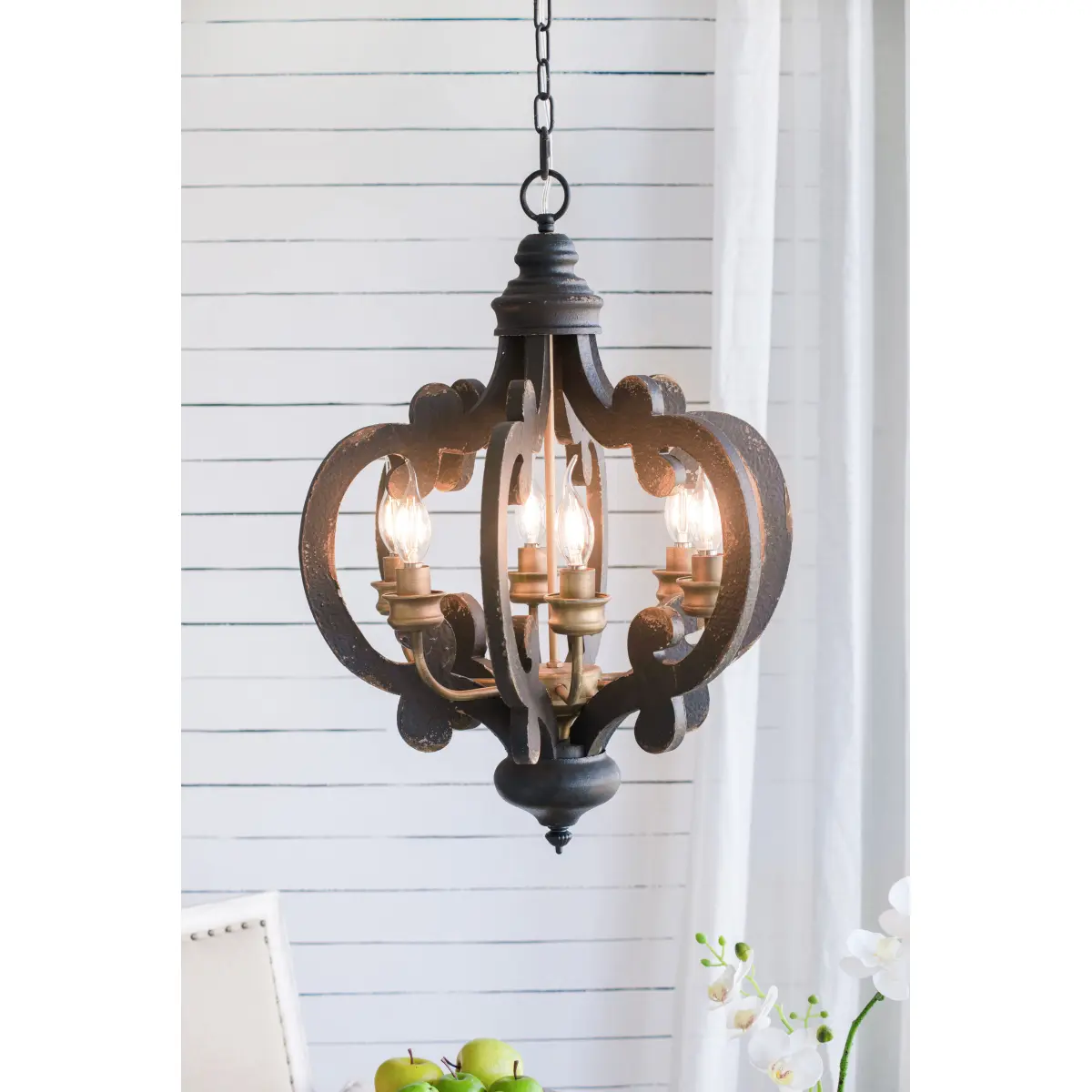 French Country Wood Chandelier, 6-Light Farmhouse Pendant Light Fixture with 28"  Adjustable Chain for Kitchen Foyer Hallway, Bulb Not Included
