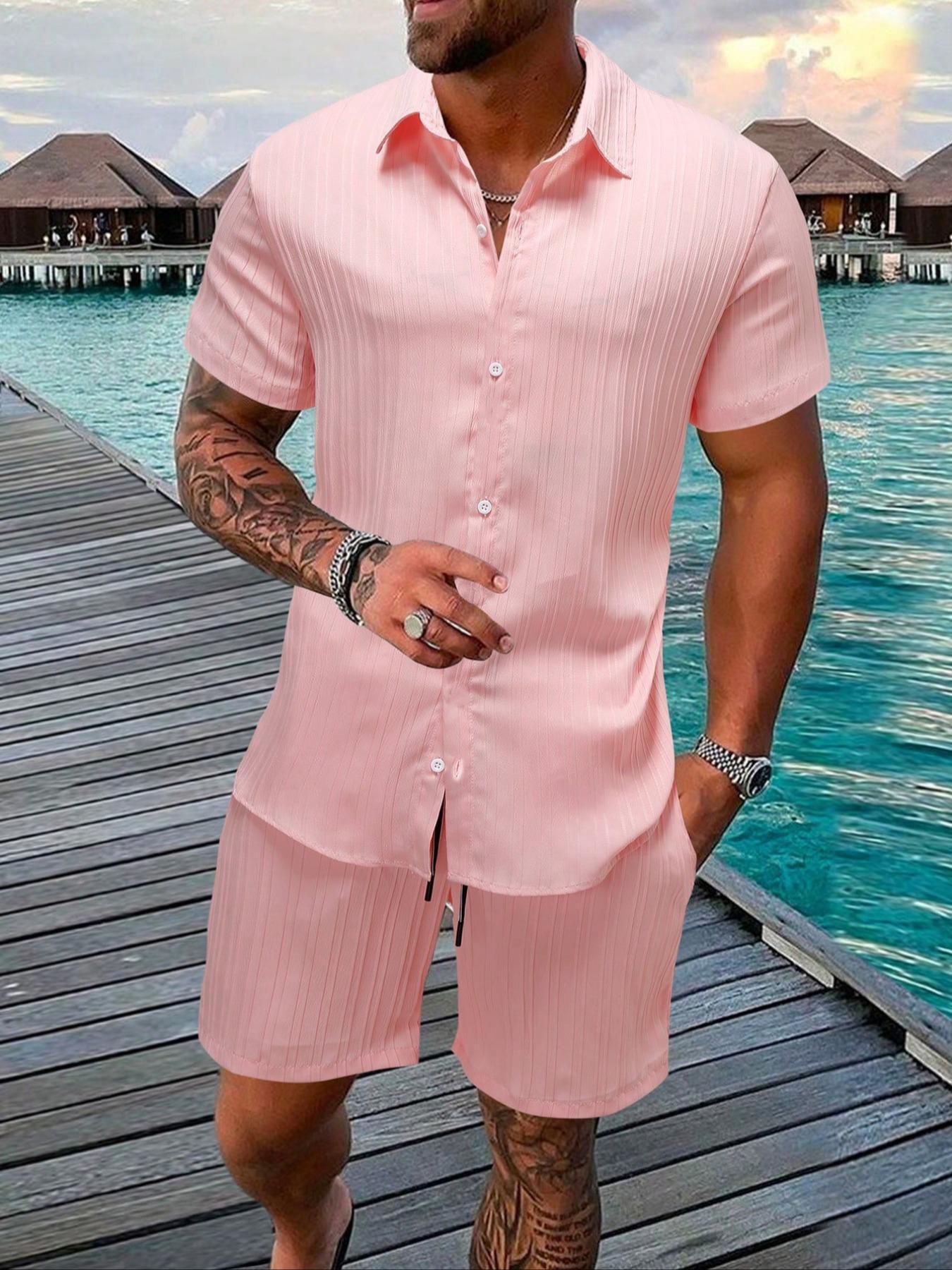 Two-Piece Set Men's Regular Fit Solid Textured Breathable Short Sleeve Shirt & Shorts, Casual Summer Set for Men, Mens Clothes for Beach Vacation