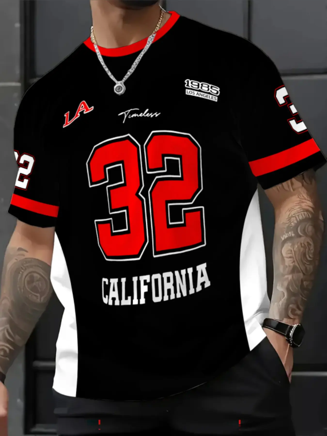 Men's Los Angeles California 32 Number Printed Short Sleeve T-Shirt, Casual Round Neck Athletic Top for All Seasons, Casual Fitness Wear