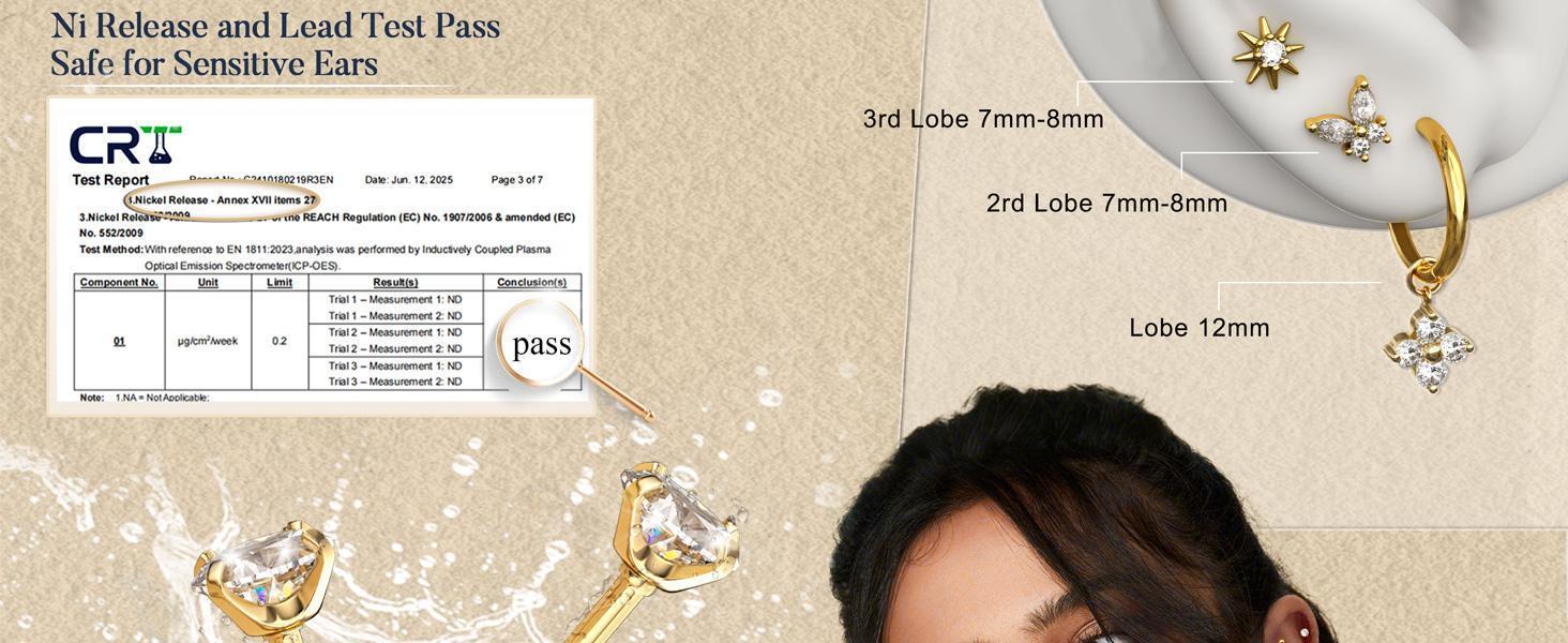 CASSIECA 10Pairs Earrings 14K Gold Plated Earrings for Women Hypoallergenic Surgical Steel Earrings Sensitive Ears Silver Flat Back Cartilage  Stacks with Charms for Multiple Piercing Jewelry