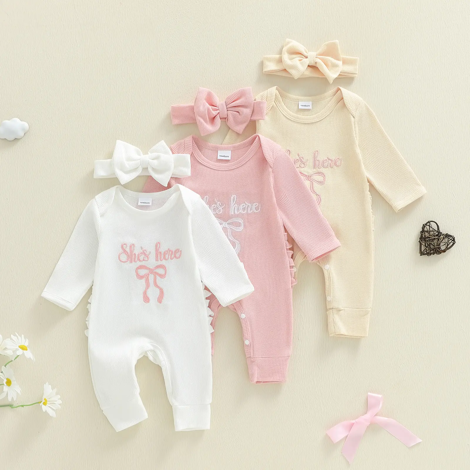 Newborn Coming Home Outfit Girl She's Here Letter Print Waffled Long Sleeve Jumpsuit with Headband Set Infant Fall Winter Clothes
