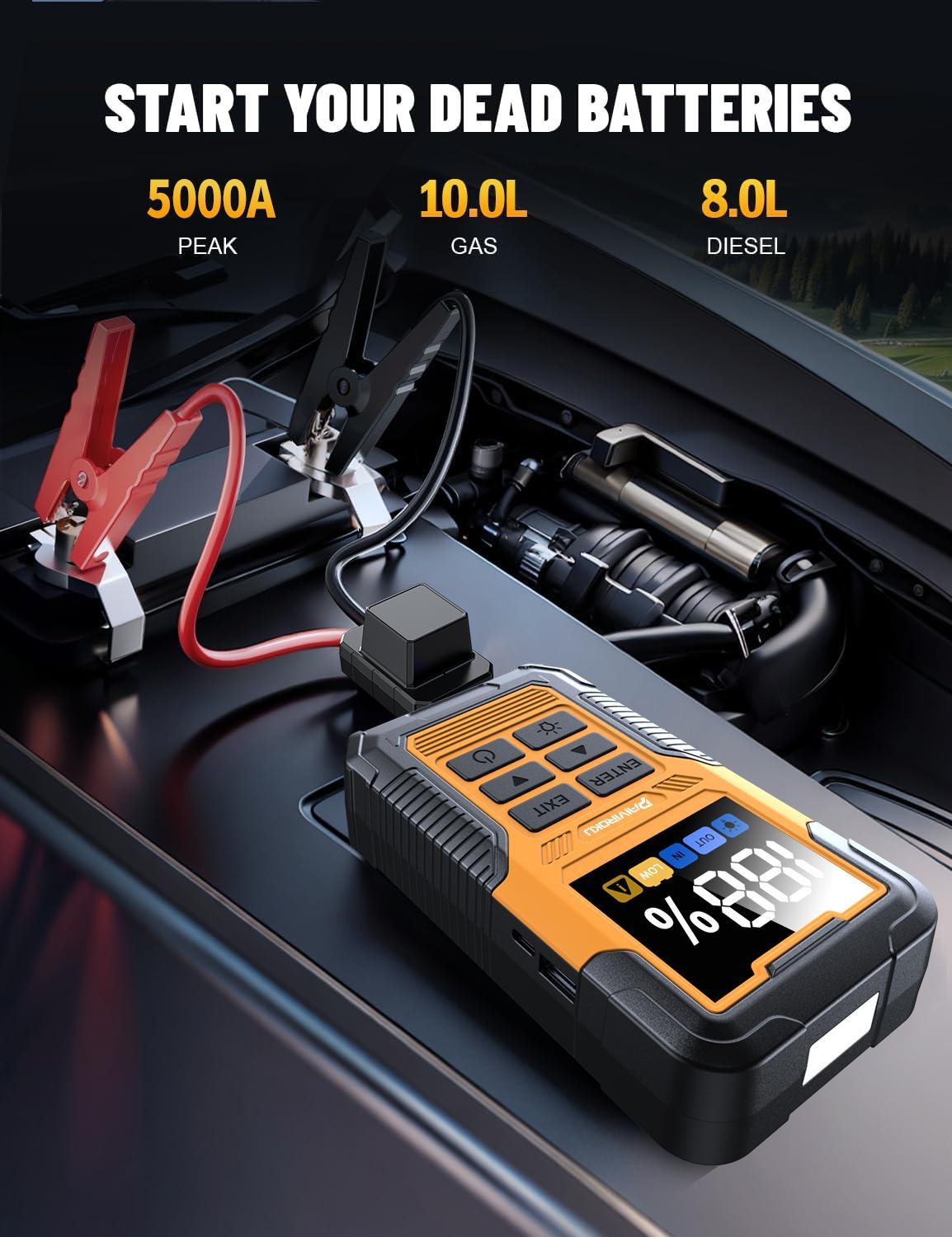 5000A Car Battery Jump Starter with OBD2 Scanner, 12V Portable Jumper Starter, Car Code Reader for Check Engine Light, OBDII Automotive Diagnostic Tool, Fault Code Scanner for Cars, SUVs, Motorcycles, All-in-One Vehicle Emergency Kit, Safe Quick Start & E
