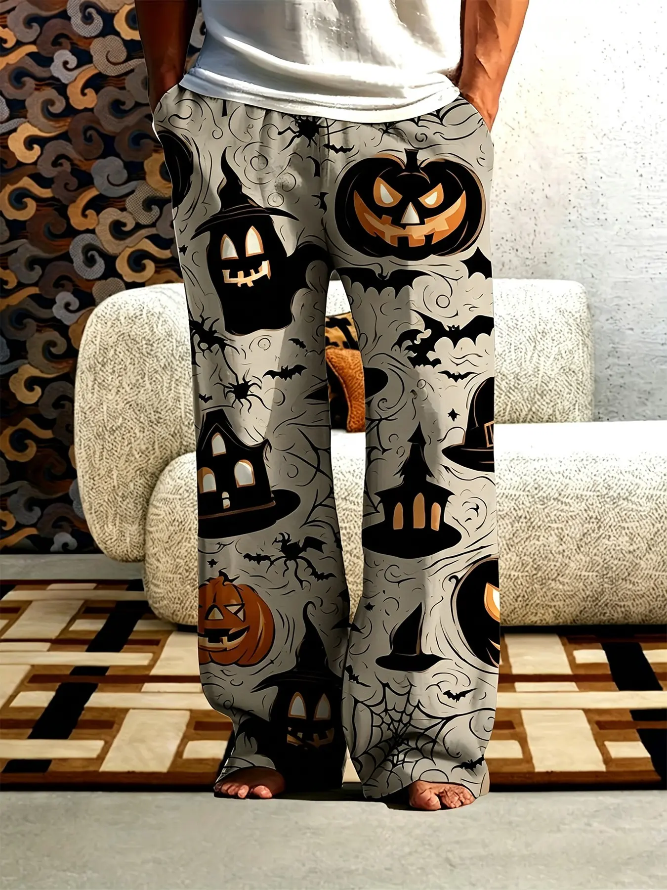 Halloween Pumpkin Ghost Haunted House Bat Spider Web Full Print Elastic Waist Unisex Loose Lounge Pants Holiday Party Casual Sleep Trousers