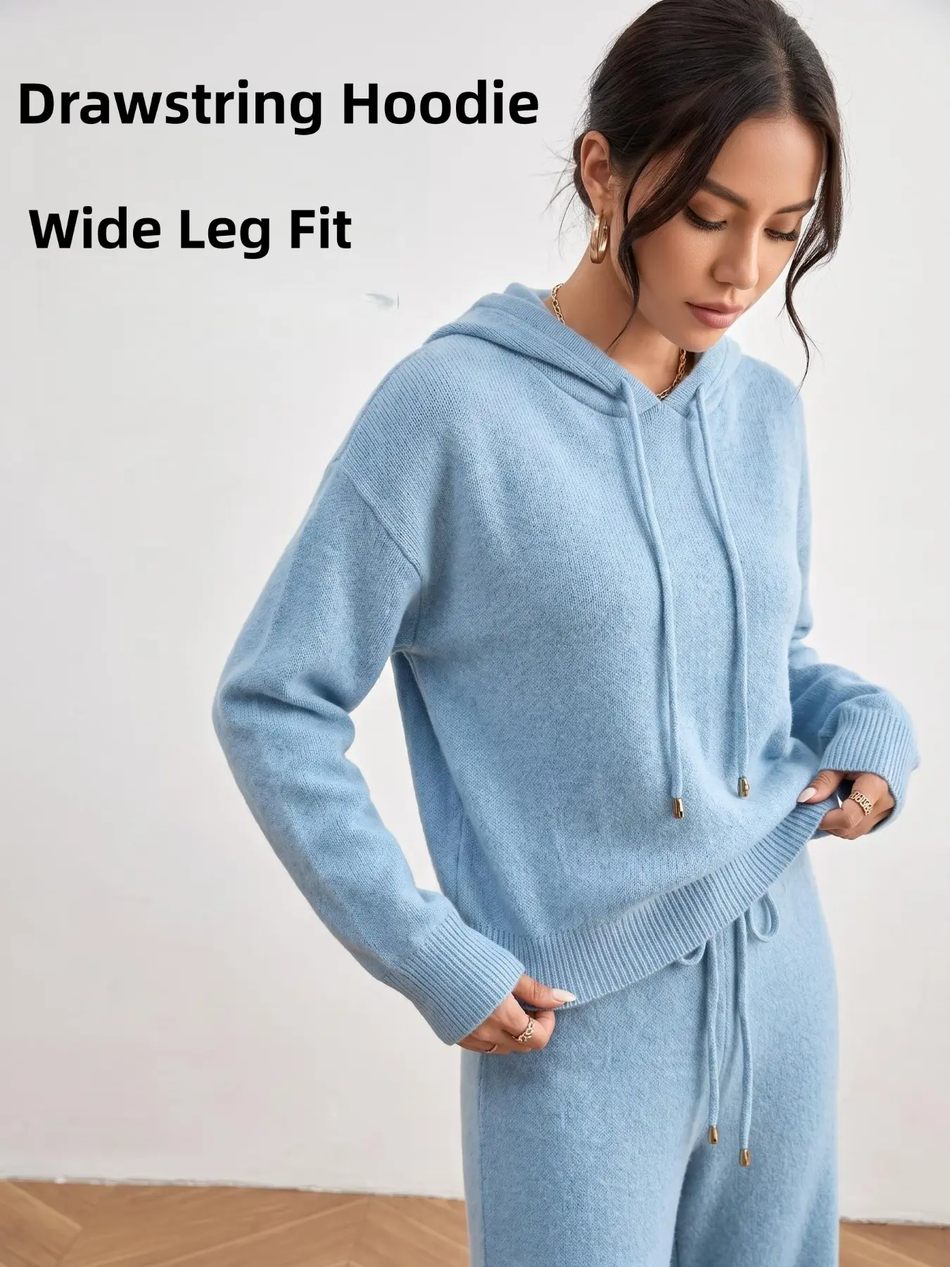 Women's Hooded Sweatshirt & High-Waisted Wide-Leg Pants Set, Casual Fall Winter, Warm Fashionable Two-Piece Ensemble