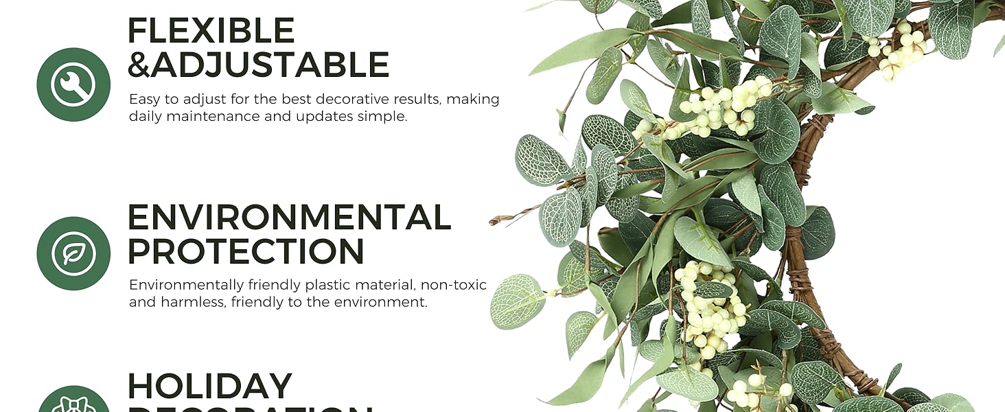 Pinkpum 20'' Eucalyptus Wreath for Front Door, Porch, Window - Green Decor for Home, Farmhouse - Spring, Summer, Fall, All Seasons