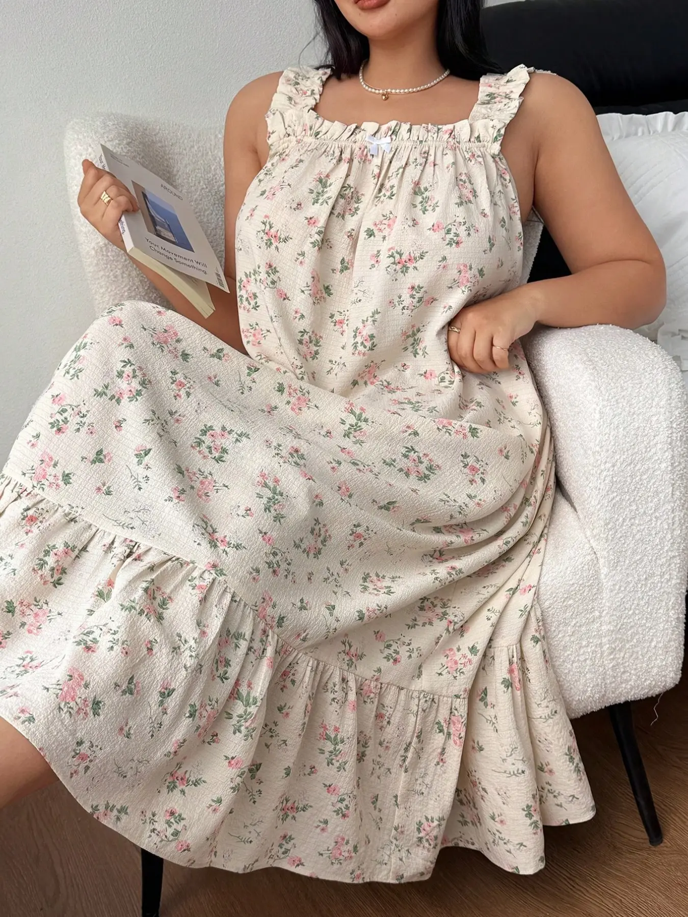 Women Ditsy Floral Print Ruffled Shoulder Strap Tiered Midi Dress, Loose Fit Flowy Swing Casual Cottagecore Sundress for Summer Daily Wear