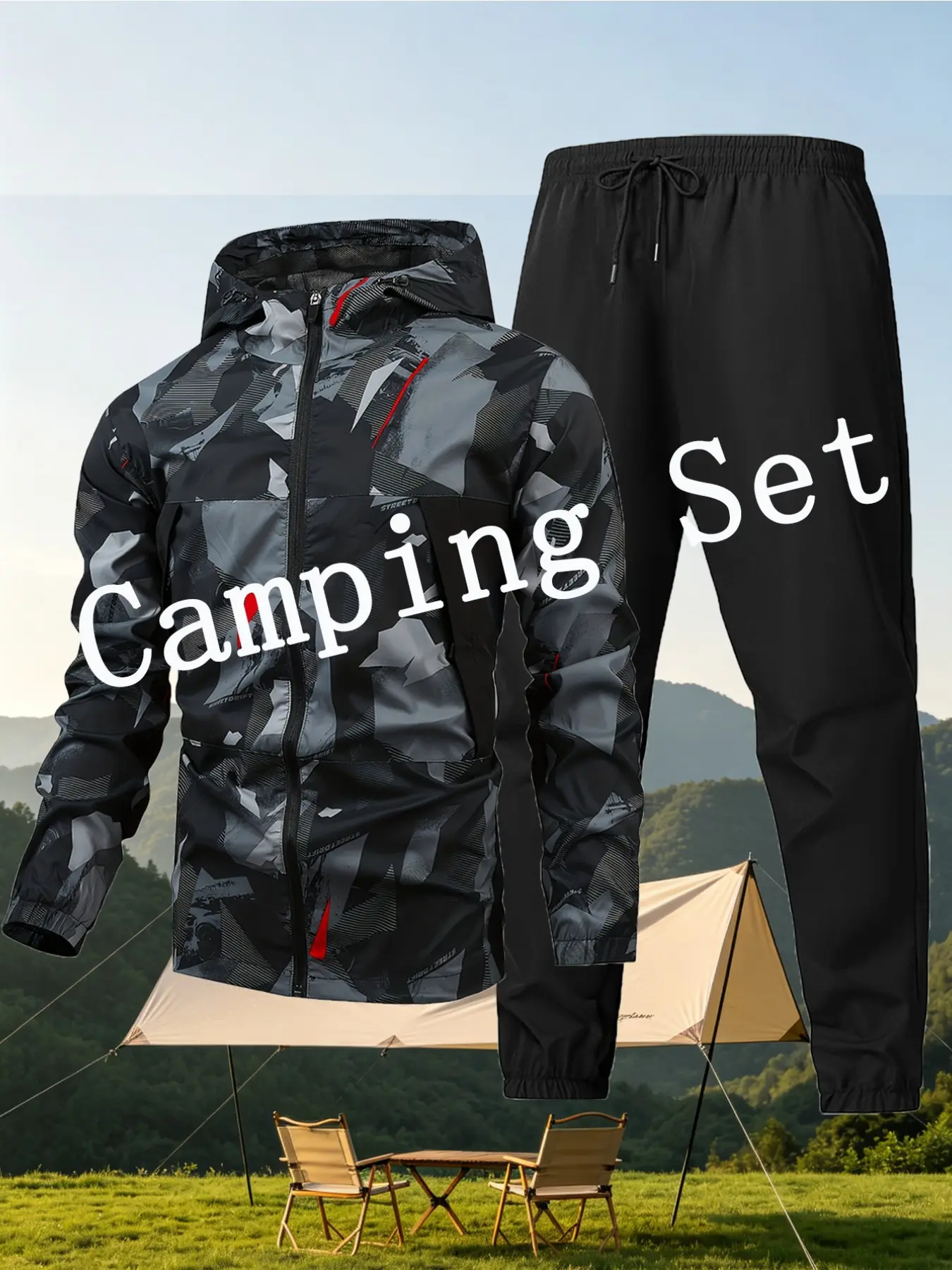 Men's Autumn Outdoor Camping Set, Lightweight Jacket with Breathable Mesh Lining, Elastic Waist Long Pants, Casual Outdoor Wear