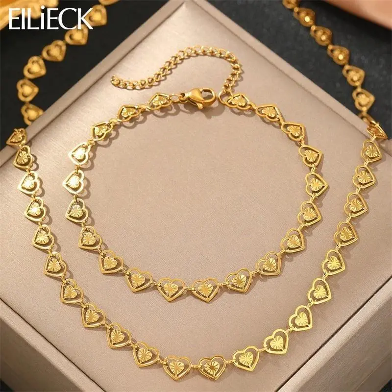 Heart Shape Jewelry Set, Unisex 316L Stainless Steel Chain Necklace & Bracelet, Waterproof PVD Coated for Casual Daily Wear, Chain Necklace Jewelry Sets, Casual Wear