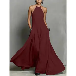 Summer New Cotton Linen Blend Simple Backless Halter Sleeveless Long Dress, Casual Elegant Summer Fashion, Perfect for Daily Wear