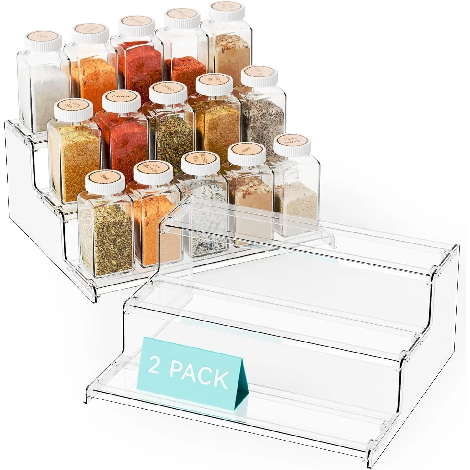 2 Pack Tiered Spice Rack Organizer for Cabinet,Pantry,3 Tier Clear Acrylic Spice Rack Organizer & Holder,Step Shelves for Vitamin,Medicine Bottle,Jar,Can,Condiment Organizer and Seasoning Shelf