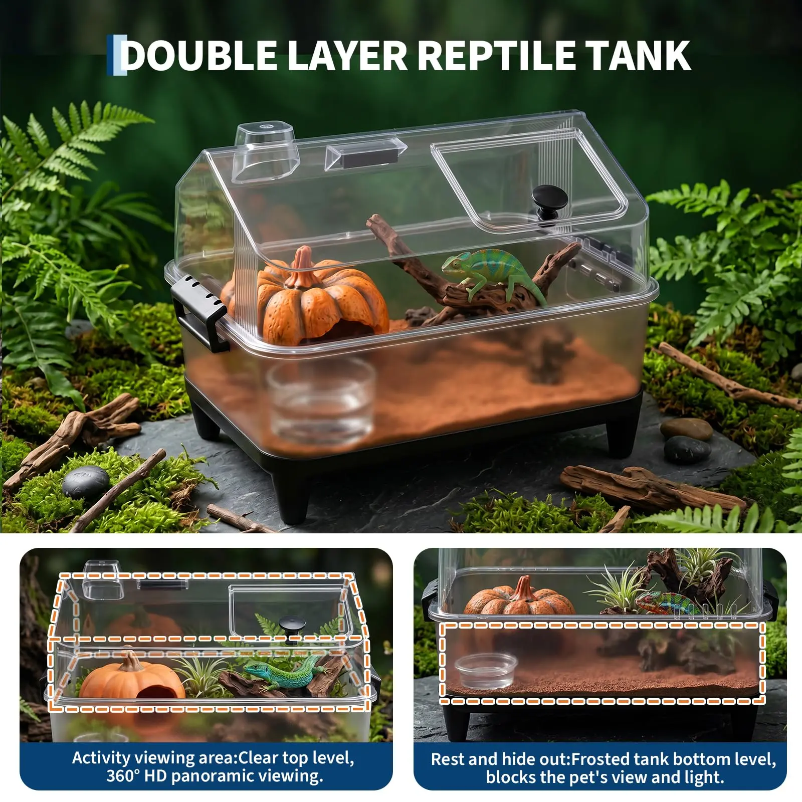 Complete Starter Kit Small Animal Acrylic Enclosure, Comes with Lid, Heating Pad, Hygrometer, Bowl, Hideout & Sand, Reptile Cage for Jumping Spiders, Tarantulas, Lizards, Frogs and Hermit Crabs