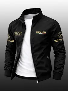 Men's Mexico Flag Print Lapel Sport Jacket, Durable Casual Zipper Outerwear, Business Style Outdoor Coat, Slim Fit, Perfect Gift