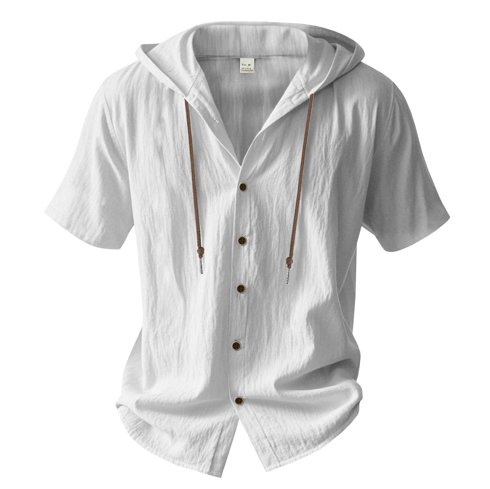 American-style Summer Lightweight Breathable Linen Amekaji Loose-fitting Hooded Men's Short-sleeve Shirt 95% Linen 5% Polyester Casual Menswear