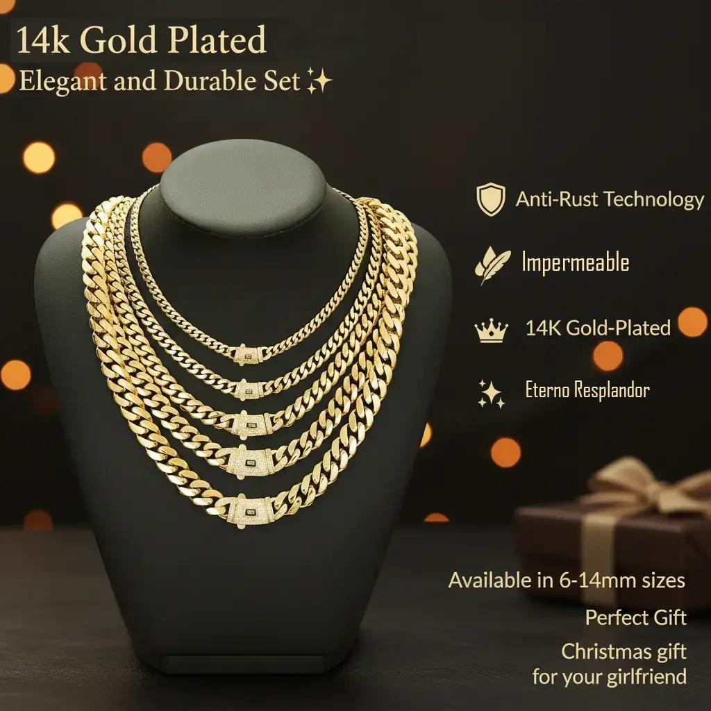 14K Gold-Plated Cuban Link Chain and Bracelet Set - PVD Anti-Tarnish Technology, Hypoallergenic and Water-Resistant Hip Hop Jewelry, Gift with Eternal Shine for Men