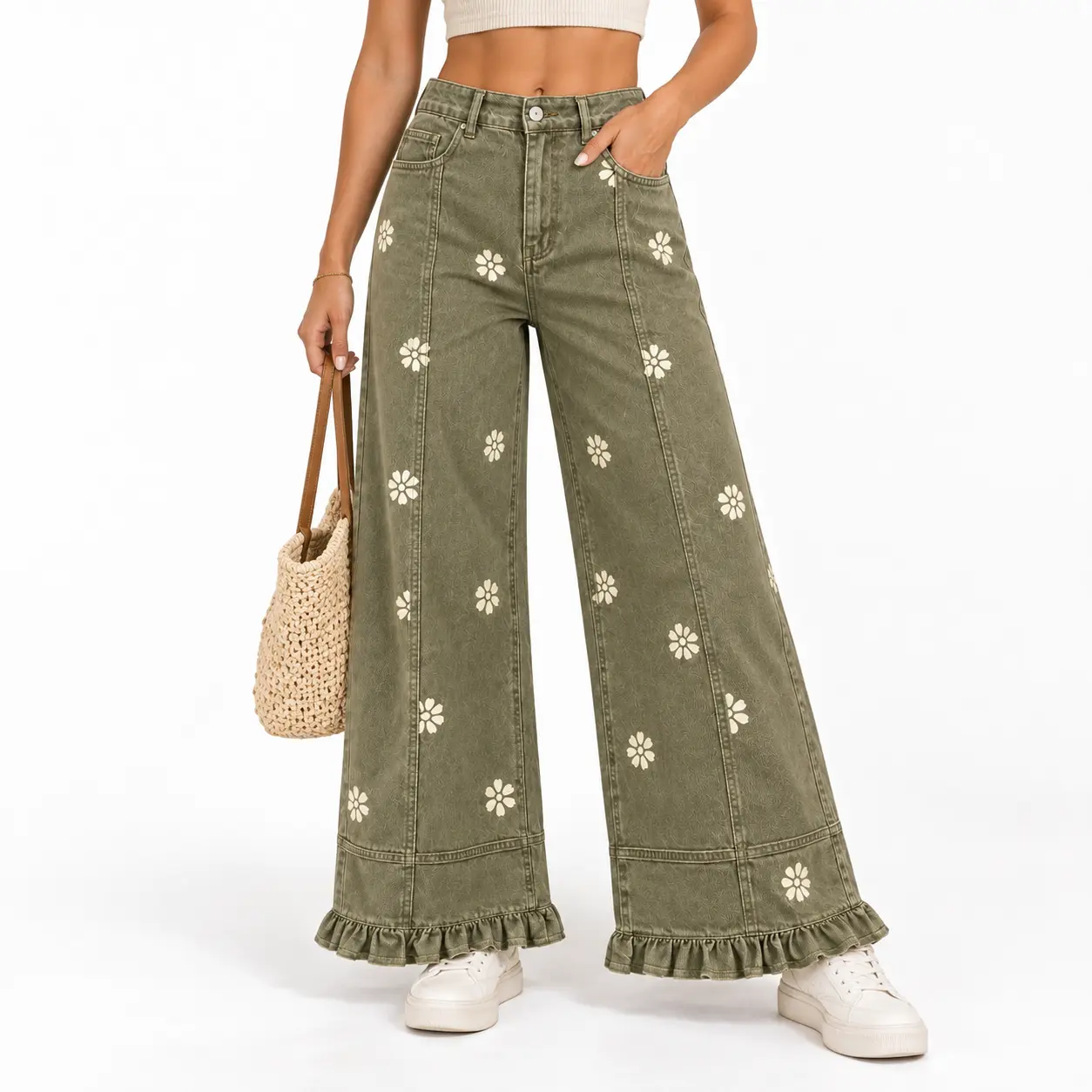 Women's Floral Print Wide Leg Jeans, High Waisted Ruffle Hem Denim Pants with Pockets, Vintage Wash Baggy Relaxed Fit, Boho Y2K Casual Streetwear, Everyday Weekend Vacation Outfit, Trendy Womenswear Belt Bottoms