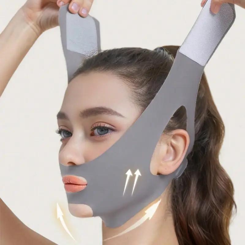 Adjustable Facial Training Band |   Sleep Mask, Gray and Pink V-Shaped Bandages for Lifting and Tightening, Non-Seamless Design for Relaxation and Sleep, Suitable for Watching TV, Exercising, or Playing |   Comfortable Wear