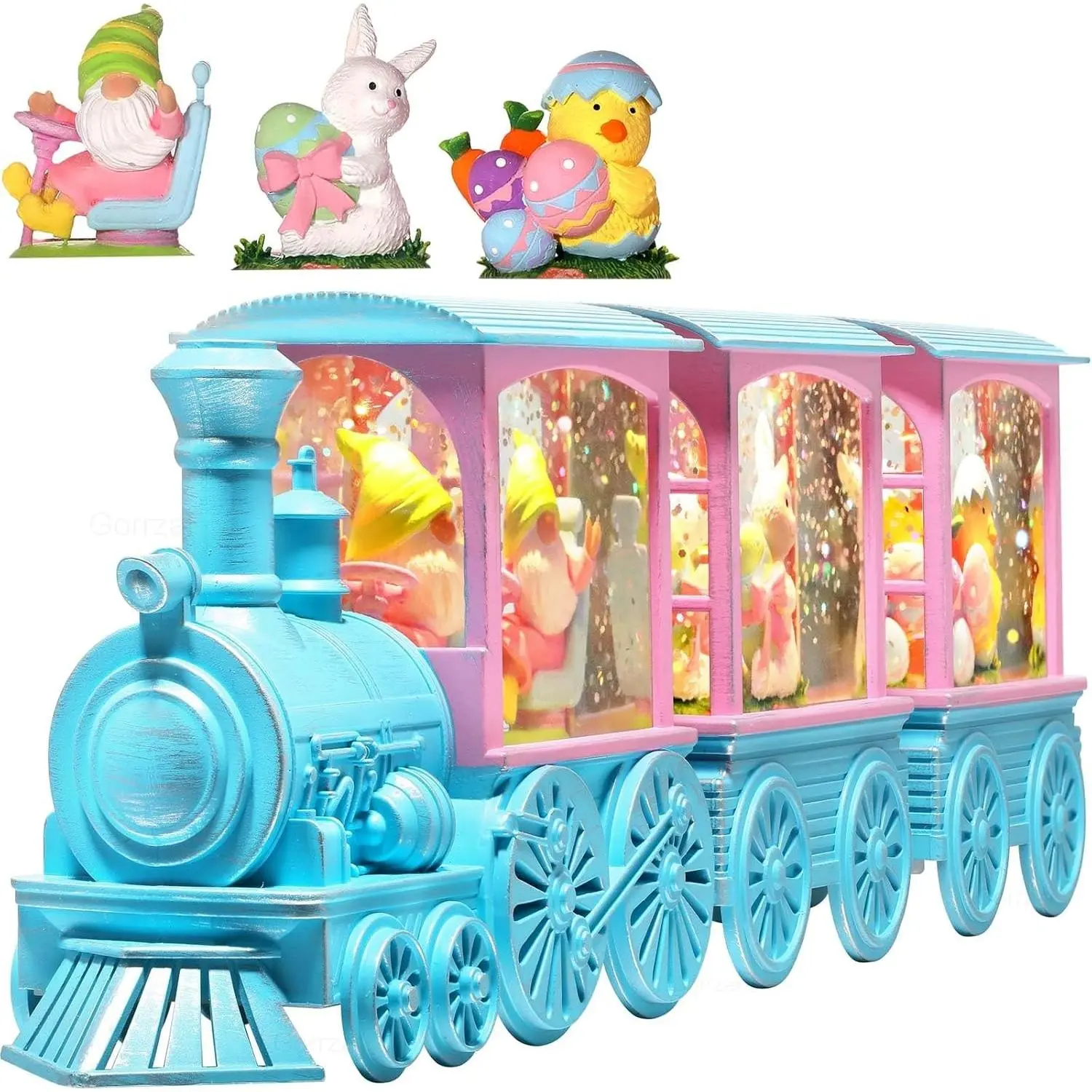 Easter Lighted Snow Globe with 6H Timer Manual Glitter, Light Up Easter Decorations for Home Indoor, Bunny Decor Gift with Train Gnome Chicken Eggs, Battery Operated