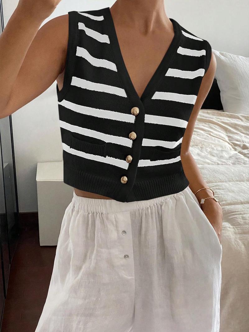 Women's Striped Print Button Front V Neck Crop Sweater Vest, Casual Sleeveless Knit Top for Spring & Fall, Fashion Women's Knitwear for Daily Wear