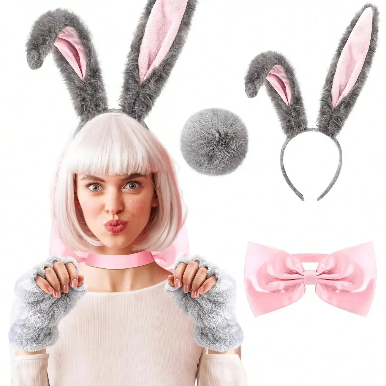 3-Piece Adult Bunny Costume Set, Includes Ears, Tail, Bow, Perfect for Role Play, Halloween, Easter, Daily Cosplay Props
