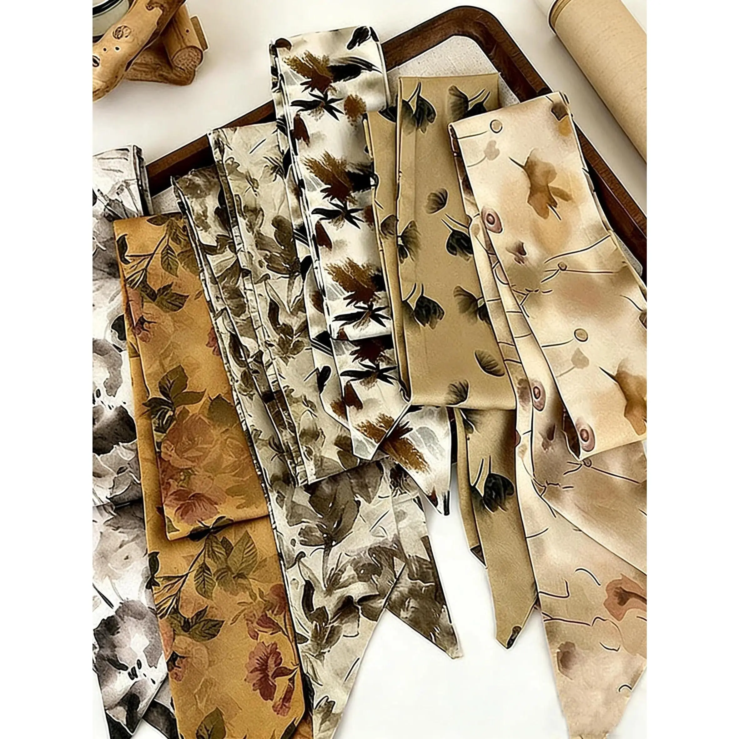Women's French-Style Synthetic Polyester Woven Ribbon Set - Flowers Print Accessory with Soft Touch, All-Season Everyday Use as Neckchief, Hair Band, Vintage Casual Elegant Durable Clothes Accessory