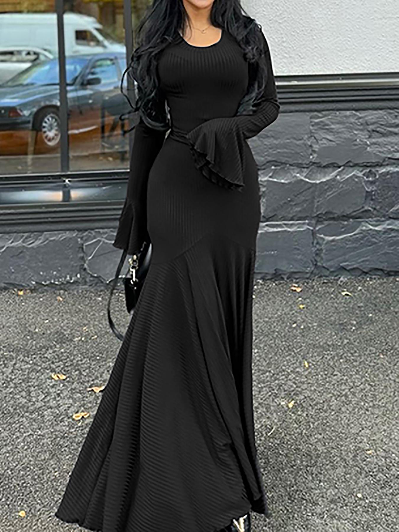 Women's Plain Lace Up Flounce Sleeve Dress, Modesty Casual Round Neck Long Sleeve Maxi Dress for Women's Plain Lace Up Flounce Sleeve Dress, Modesty Casual Round Neck Long Sleeve Maxi Dress for
