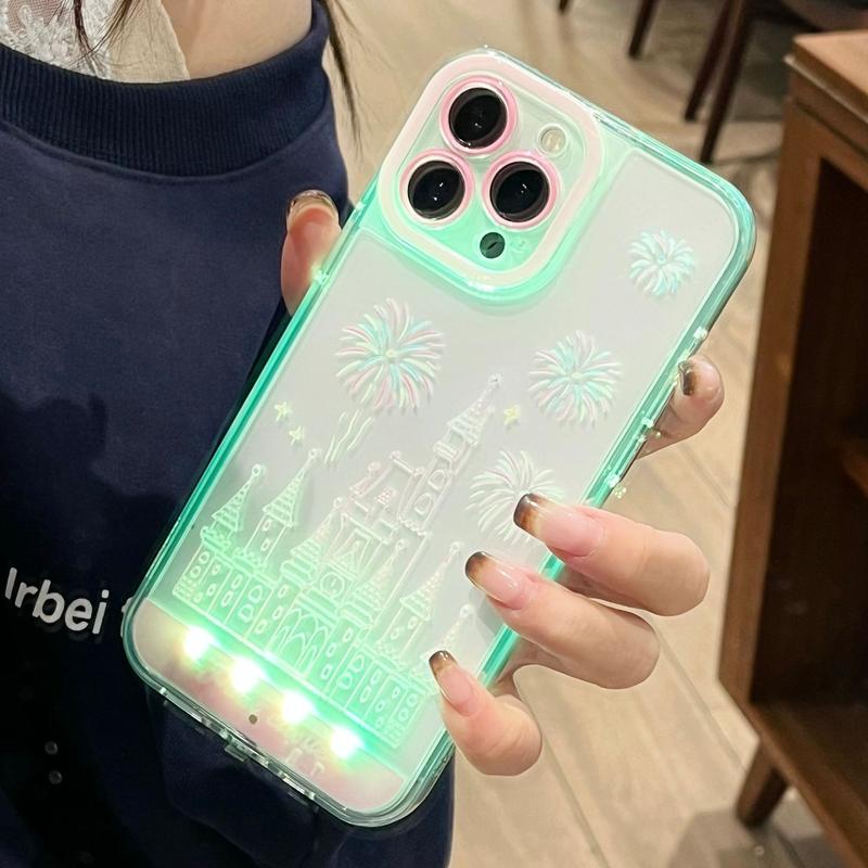 LED Fantasy Castle Fireworks Phone Case, Compatible with iPhone 11/12/13/14/15/16/17 Pro/Pro Max/Plus, Stylish Protective Cover, Unique Design for Daily Use, Protective Casing