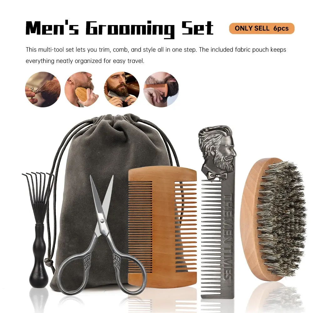 Men's Beard Care Kit 5-Piece Set, Boar Bristle Brush, Wood Comb, Engraved Metal Razor Comb, Vintage Beard Trimmer, Cleaning Tool