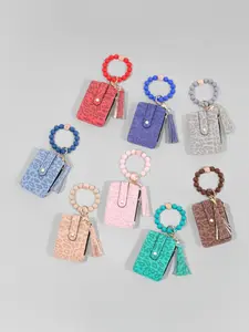 Leopard Print PU Leather Wallet Keychain for Women, Wooden Bead Bracelet, Silicone Pearl Credit Card Holder, Boho Style Accessories
