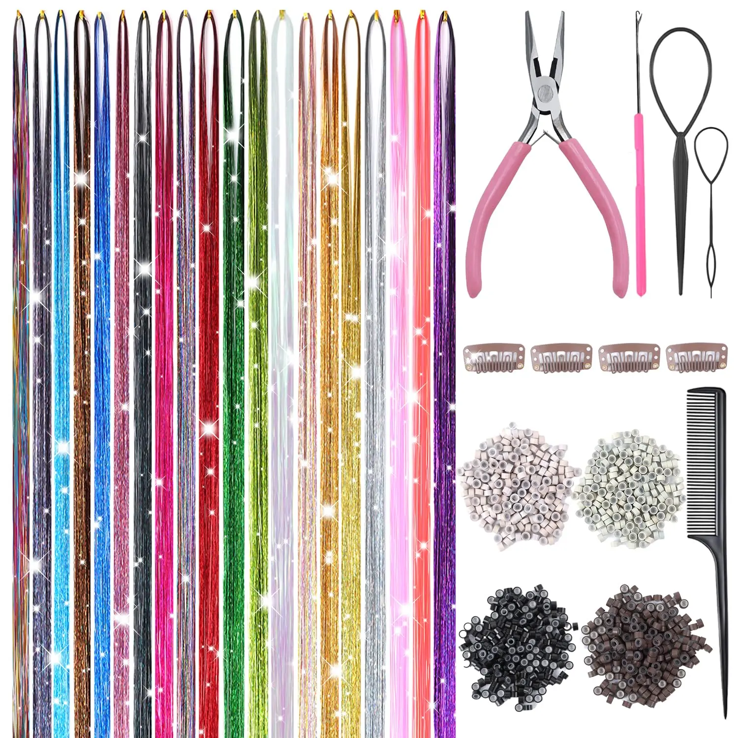 Hair Tinsel, 20 Colors Hair Tinsel Kit, 8000 Strands Tinsel Hair Extensions | 48 Inch Glitter Tinsel Hair with Tools, Heat Resistant Sparkling Fairy Hair Accessories for Girls & Women