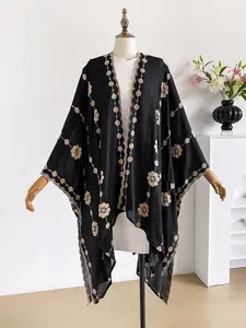 Elegant Aesthetic Ditsy Floral Embroidered Scarf, Loose-Fitting Split Design, Perfect for All Seasons, Ideal for Beach, Commute, Dates