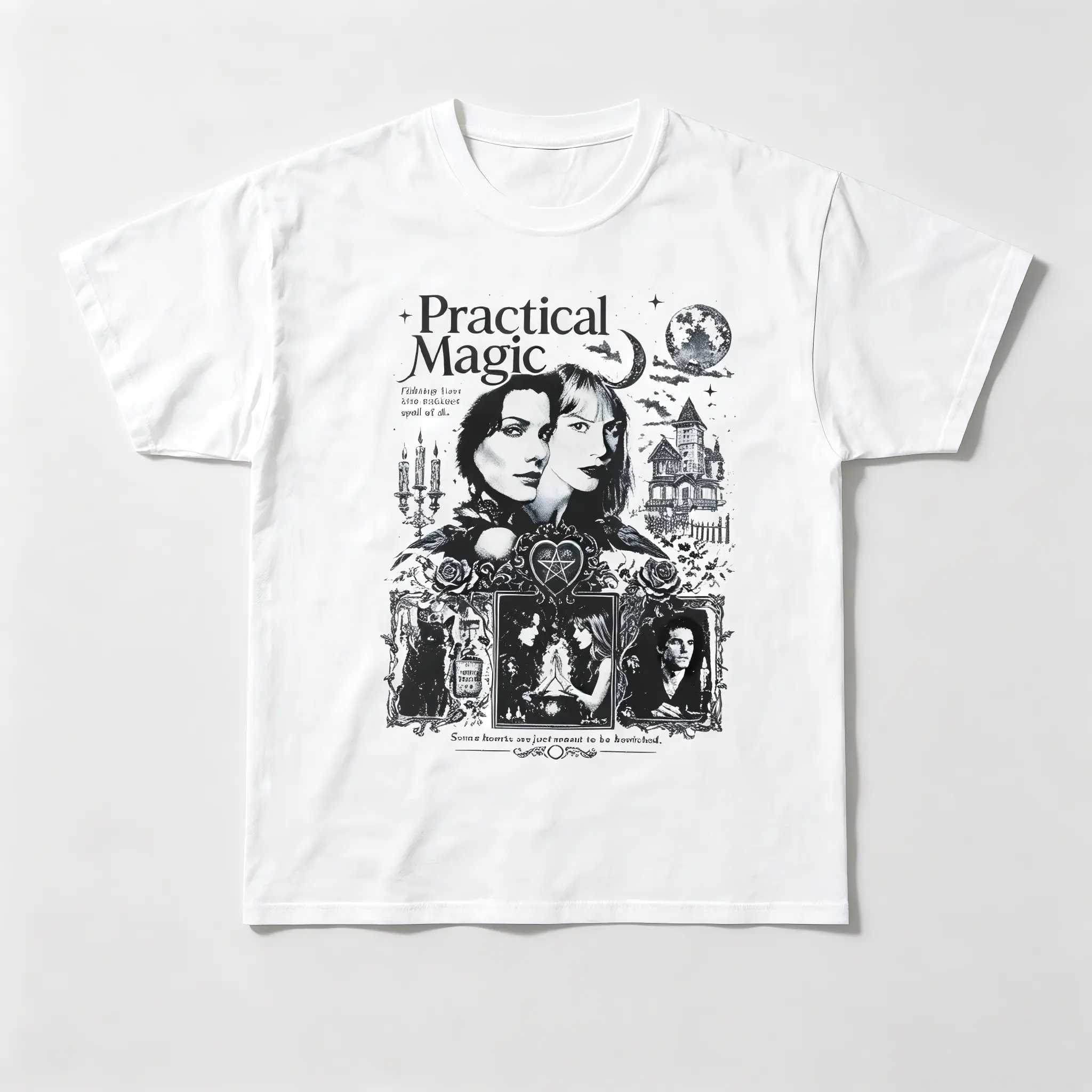 Men's 100% Cotton Short-Sleeve Casual Vintage Practical Magic Movie Graphic T-Shirt, Retro Witch Aesthetic Oversized Top, Fall In Love Spell Design, Shortsleeve