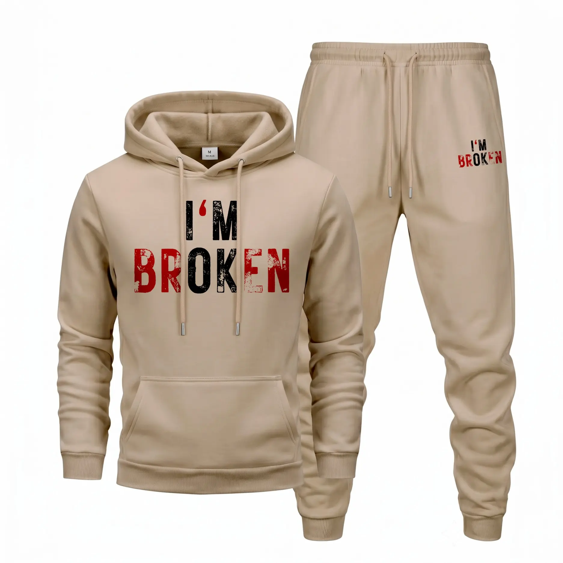 Men's I'm Broken Letter Graphic Hoodie and Sweatpants Set, Casual Hip-Hop Long Sleeve Pullover with Drawstring Jogger Pants, Fall Winter Tracksuit for Daily Wear, Travel, Lounge, Indoor Outdoor and Streetwear
