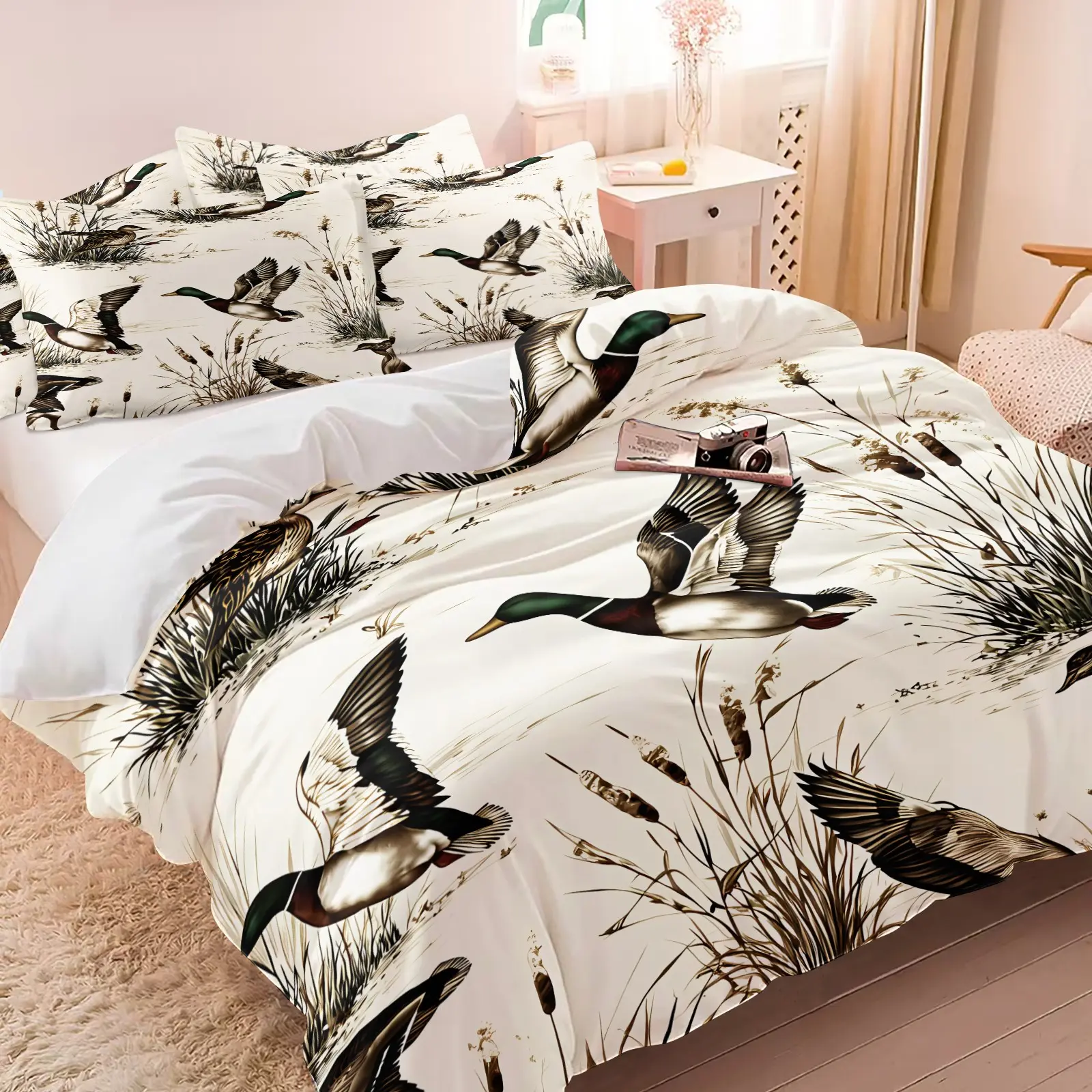 Vintage Wild Mallard Duck Reed Duvet Cover Set (Includes 1 Duvet Cover + 1/2 Pillowcases), Ultra-Fine Fiber Soft Breathable Comfy Bed Linens, Rustic Wildlife Aesthetic Bedroom Decor, HD Digital Print All Seasons Bedding