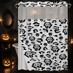 1Pc Hookless Double Layer White Background Leopard Print Ghost Face Shower Curtain, Top Light Transparent Mesh Window, Detachable Snap Liner, Waterproof Mildew Resistant Durable Fabric, Trendy Cool Halloween Bathroom Decor