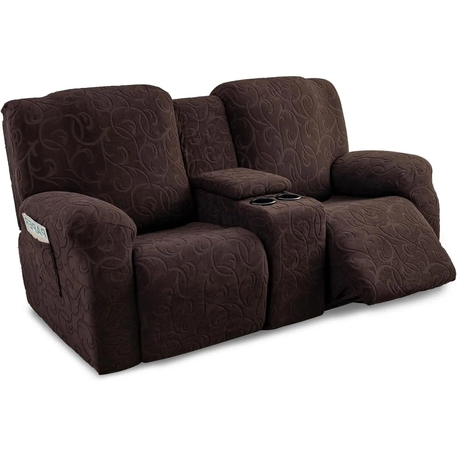 Recliner Loveseat Cover with Center Console, 2 Seater Jacquard Recliner Sofa Slipcover with Pockets Washable Stretch Reclining Couch Covers Furniture Protector with Elastic Straps (Coffee)