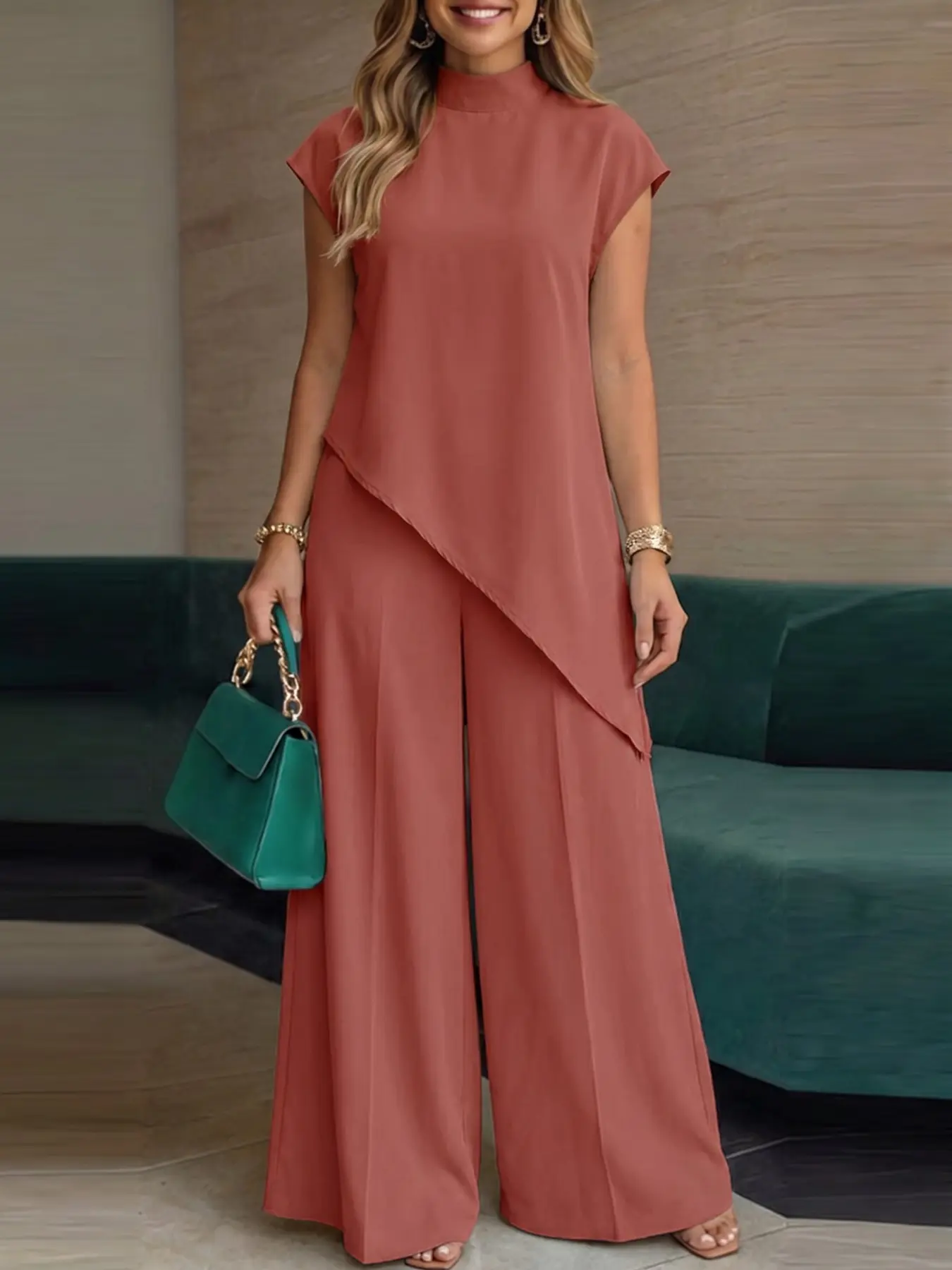 ZANZEA Women's Casual Stand Collar Short Sleeve Asymmetrical Top with Button Neck & Elastic Waist Wide-Leg Pants, Ideal for Daily Wear