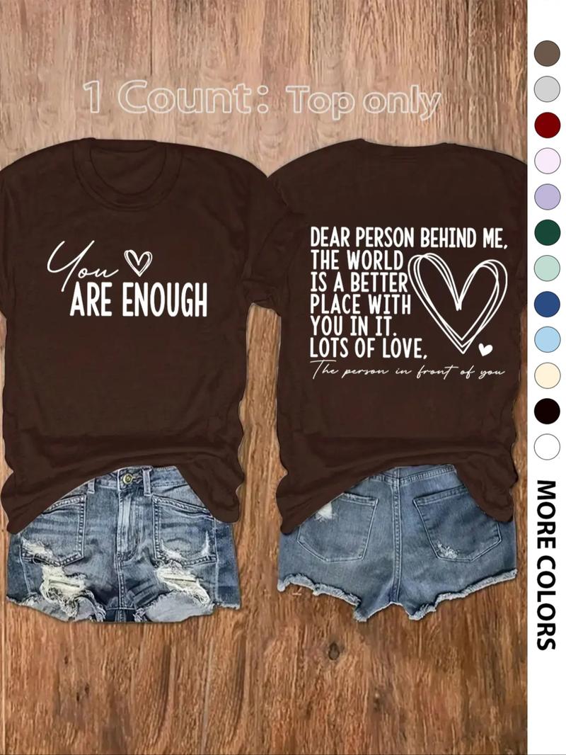 Women's Slogan Graphic Round Neck Tee, Fashion Casual Heart Print Crew Neck T-Shirt for Daily Holiday Vacation Outdoor Wear, Ladies Clothes for All Seasons