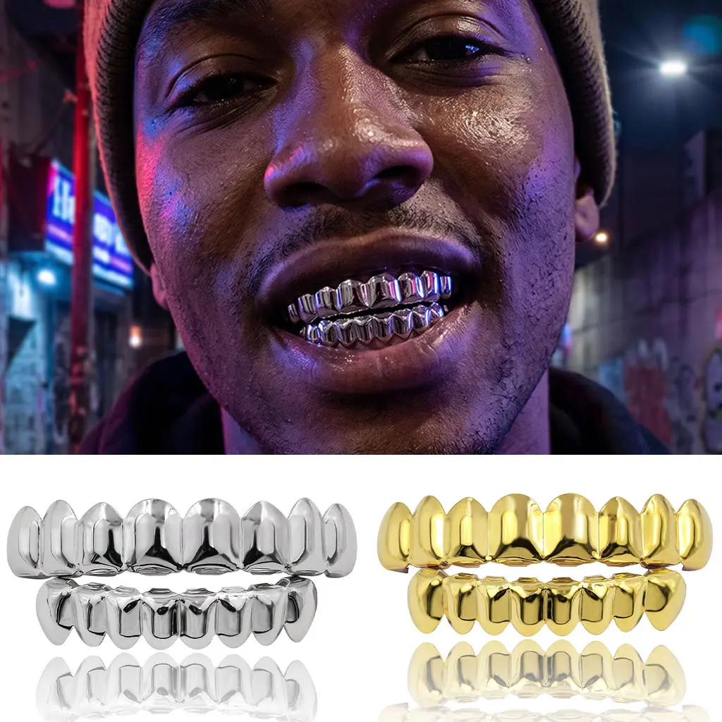 Hip Hop Teeth Grillz Set - Silver Top & Bottom Caps - Geometric Faceted Grillz for Rapper - Custom Fit Grillz for Men/Women - Viral TikTok Fashion Jewelry