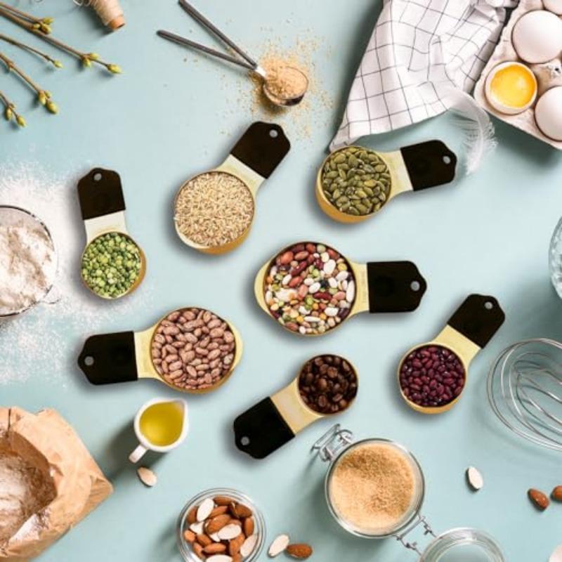 Magnetic Measuring Cups and Spoons Set Including 7 Stainless Steel Nesting Golden Measuring Cups and 8 Magnetic Golden Measuring Spoons with 1 Leveler for Cooking and Baking