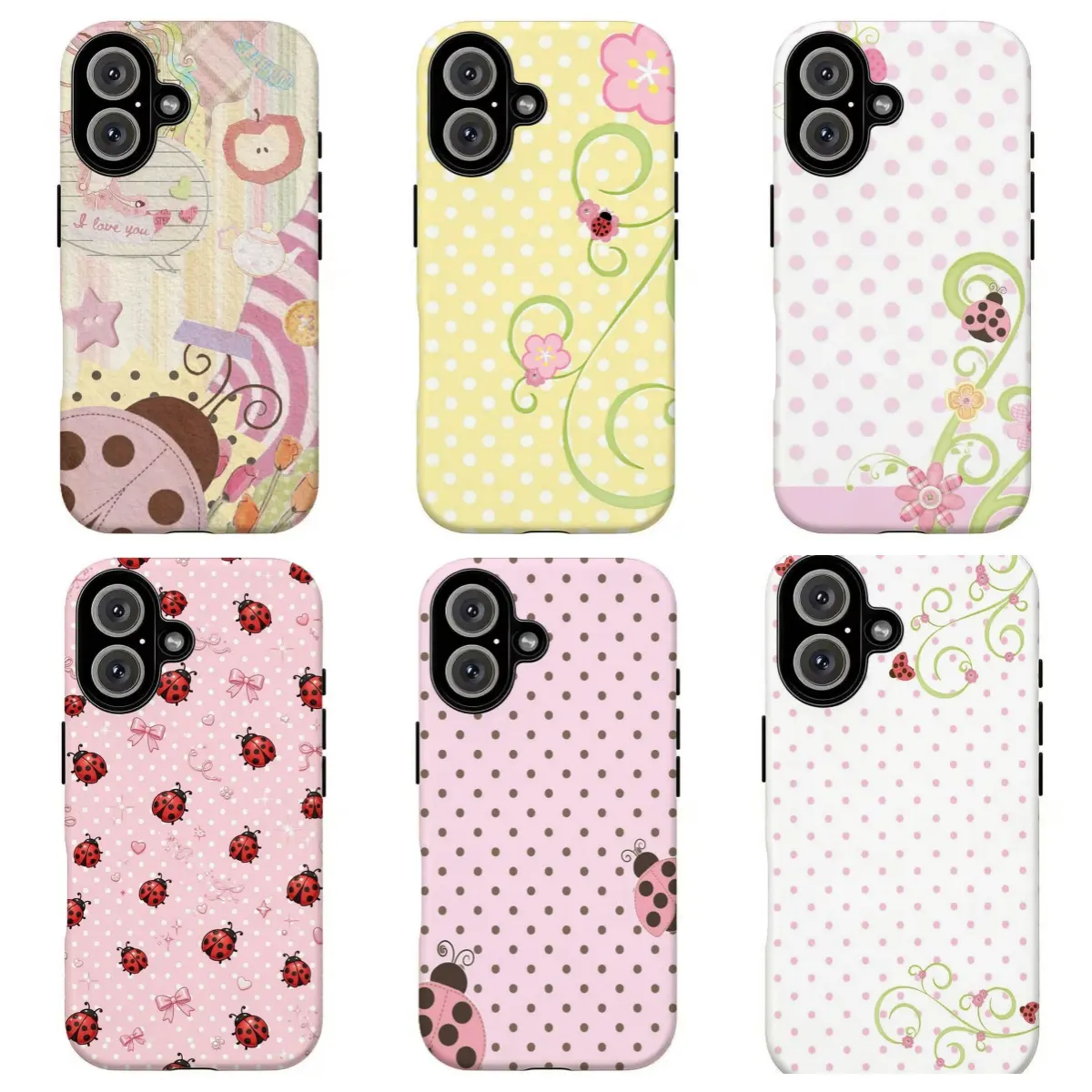 FL-Cute Custom Ladybug Polka Dot Cellphone Case - Durable Pastel Pink-Yellow Base, Whimsical Flower Vine & Vintage Scrapbook Print, Shockproof Protector for iPhone 11-17 Air Pro Max, Samsung S21-S26, Cute Girly & Whimsical Gifts for Her,techvibes