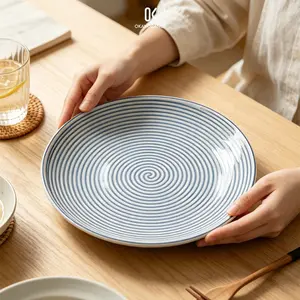 Striped Ceramic Plate, Japanese Style Porcelain Round Dinnerware, Minimalist Microwave Safe Salad Pasta Serving Tray, Modern Kitchen Gift