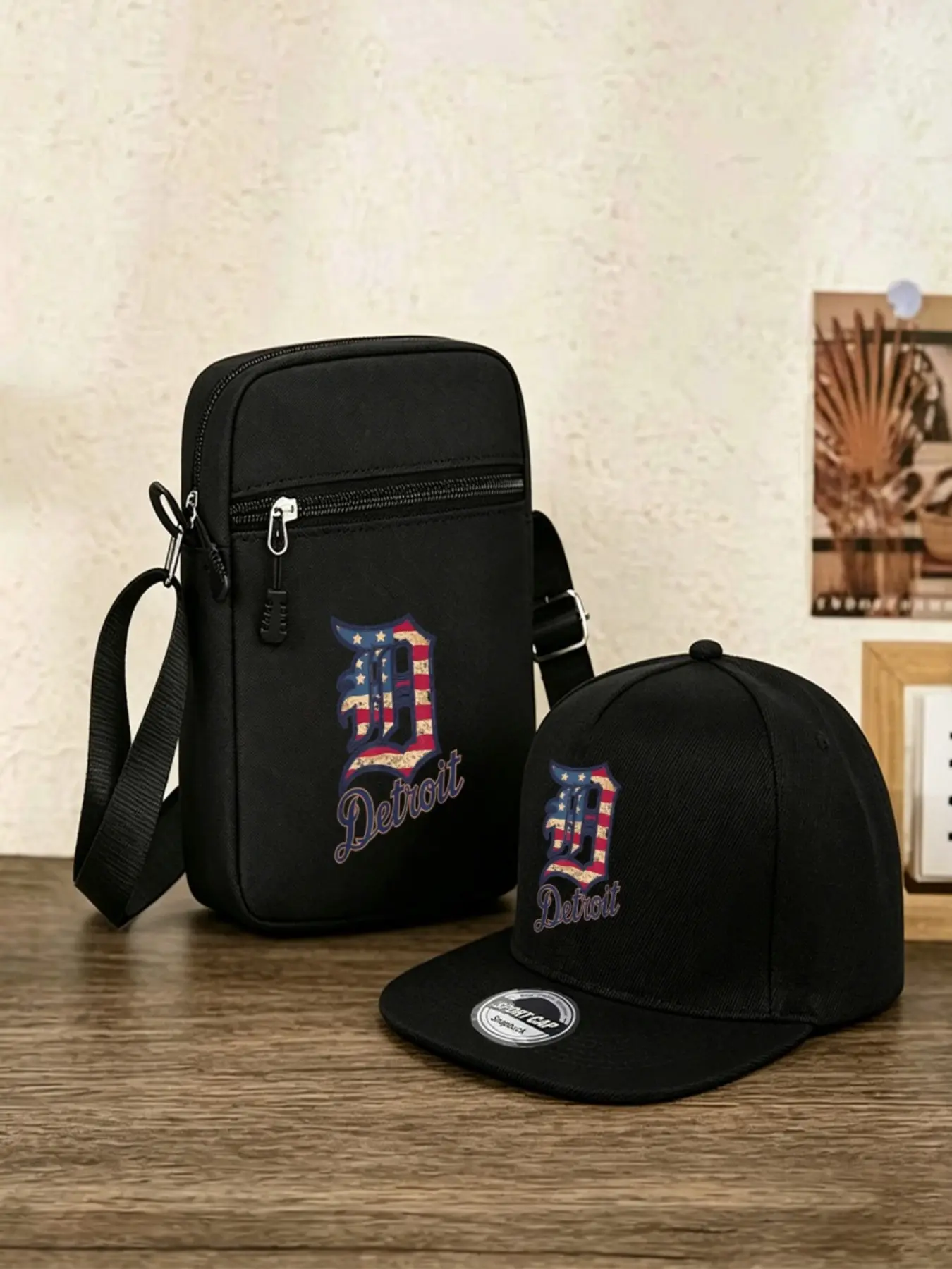 Retro Usa Flag Detroit D Letter Graphic Snapback Hat, Adjustable Flat Brim, Lightweight Crossbody Bag, Unisex, Casual Style