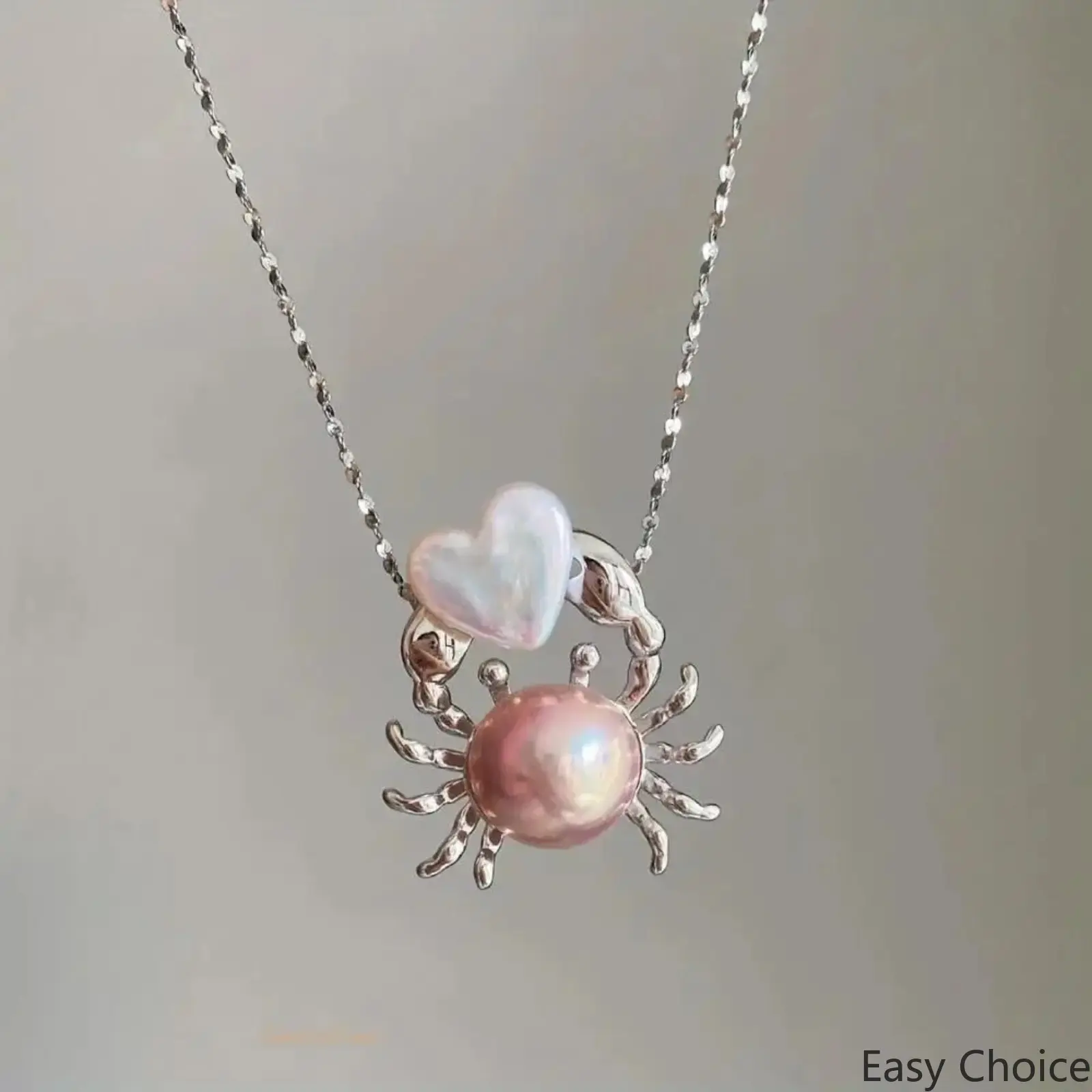 Women's Sterling Silver Pendant Necklace, Hypoallergenic Crab Heart Pearl Jewelry, Whimsical Cancer Zodiac Accessory, Trendy Daily Wear Gift For Beach Lovers