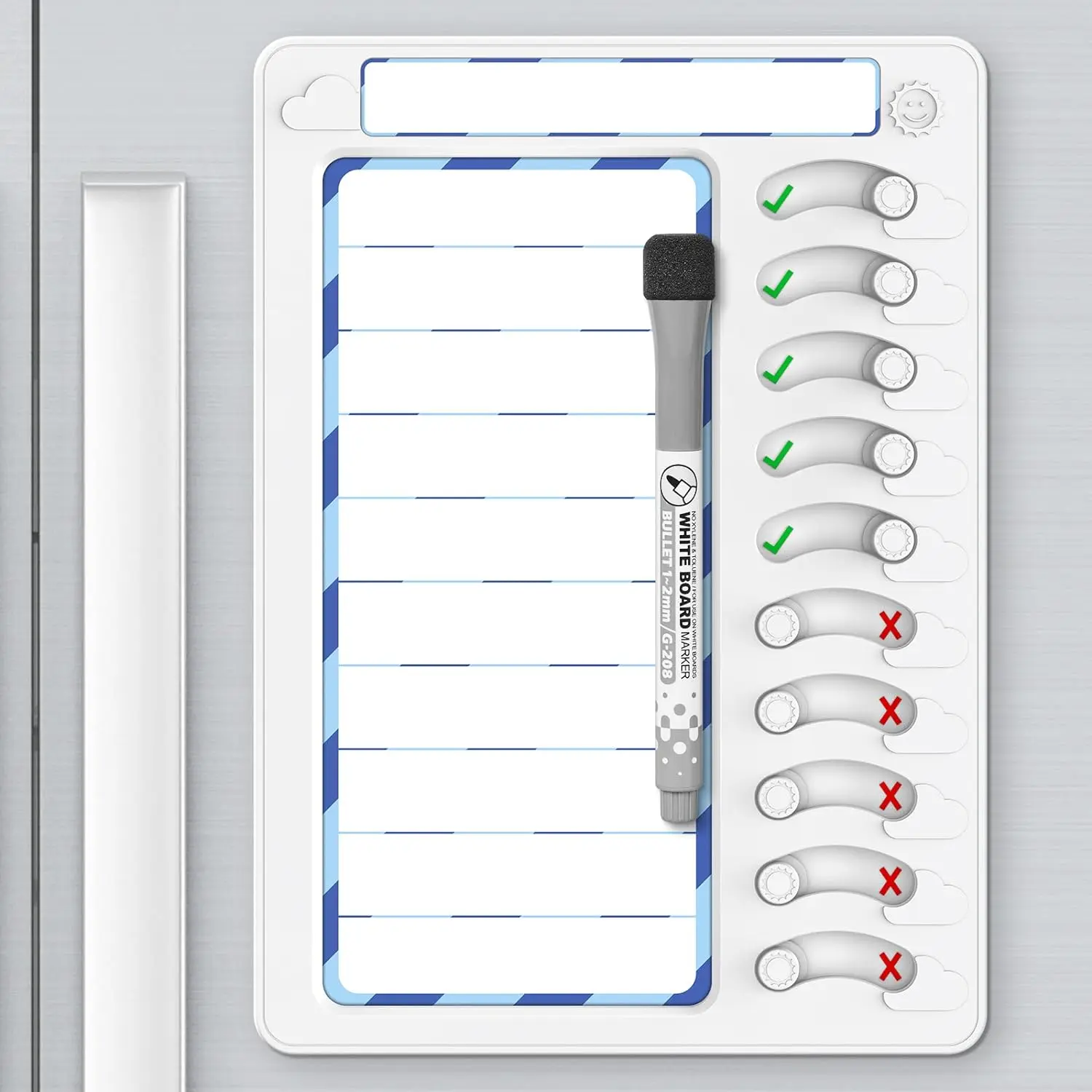 Chore Chart for  Dry Erase Chore Board  Tools for   Checklist Task Board Routine Chart Planning Board for Fridge with 10 Sliders and  Marker, White and Blue, 1 Pack