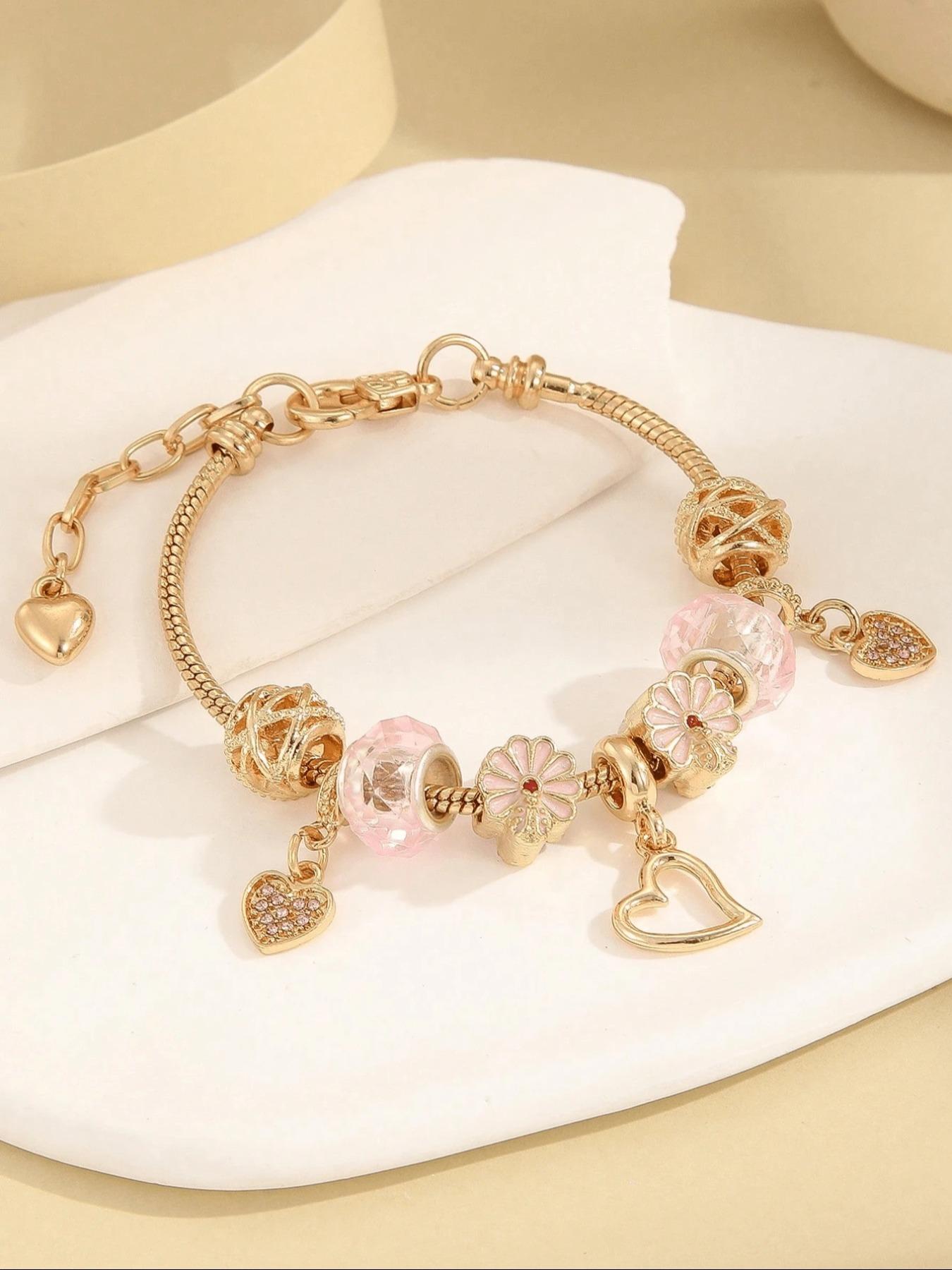 Cute Bow & Heart & Flower Design Charm Bracelet, Rhinestone Decorated Bracelet for Women & Girls, Trendy All-match & Exquisite Jewelry for Birthday Gift, Heart Shaped Bracelet